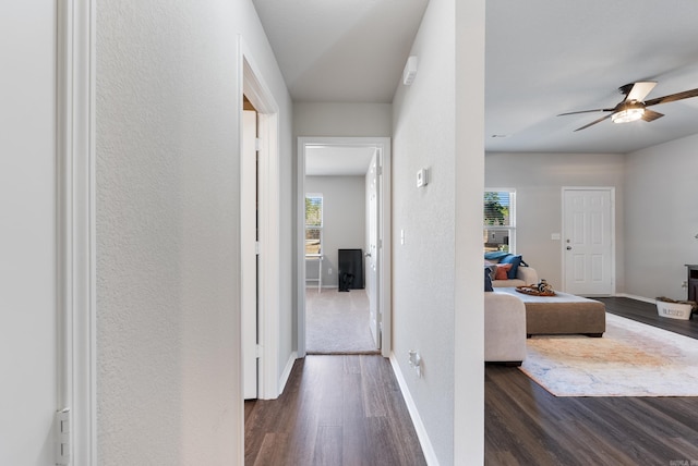 hall with a textured wall, dark wood finished floors, and baseboards