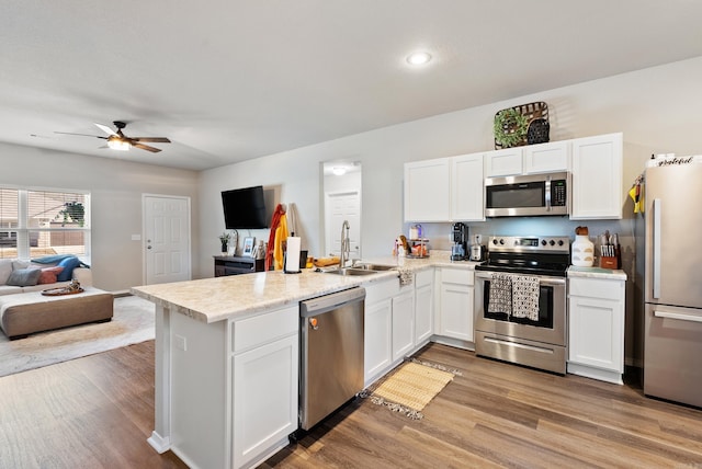 kitchen featuring light wood finished floors, appliances with stainless steel finishes, open floor plan, a peninsula, and a sink