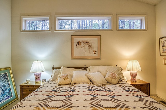 bedroom featuring lofted ceiling and multiple windows