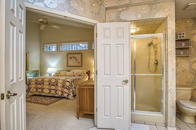 tiled bedroom with lofted ceiling, visible vents, and wallpapered walls