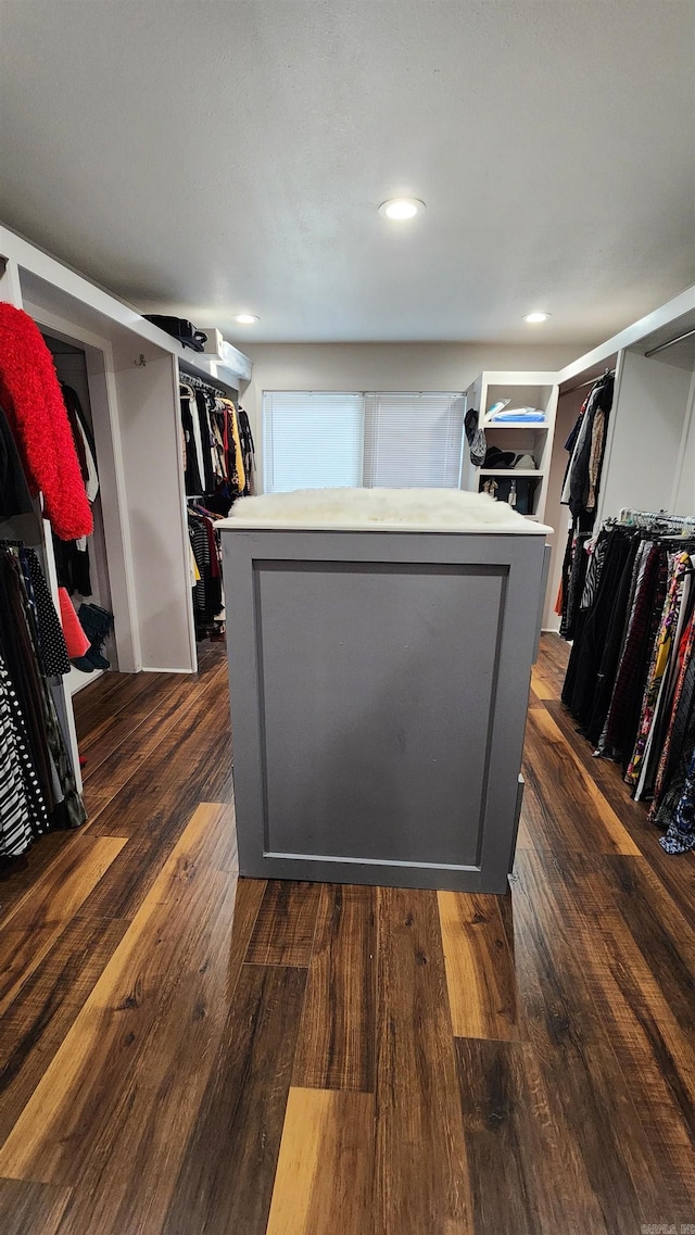 walk in closet with dark wood-style flooring