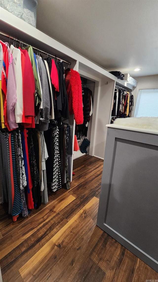 walk in closet with a bar and wood finished floors