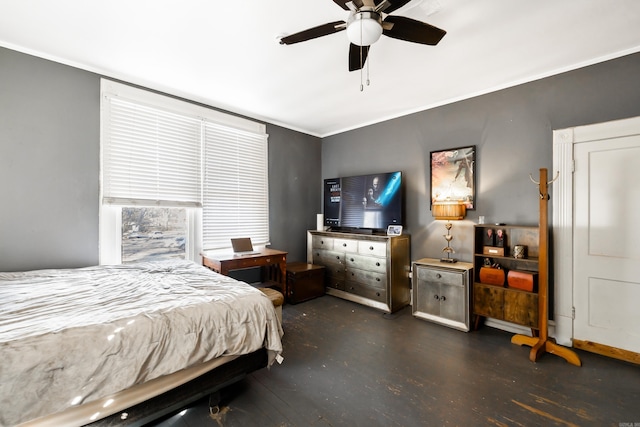 bedroom with a ceiling fan and crown molding