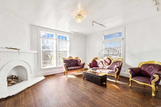 sitting room with hardwood / wood-style flooring, a fireplace, and track lighting