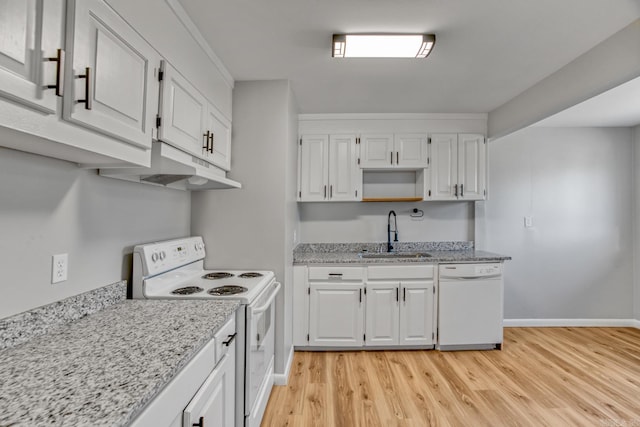 kitchen with light wood-style flooring, white cabinetry, a sink, white appliances, and under cabinet range hood