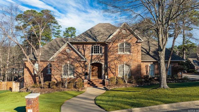 view of front of house featuring roof with shingles, brick siding, and a front lawn