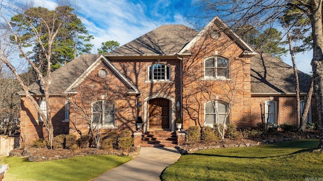 view of front of home with a shingled roof, a front lawn, and brick siding