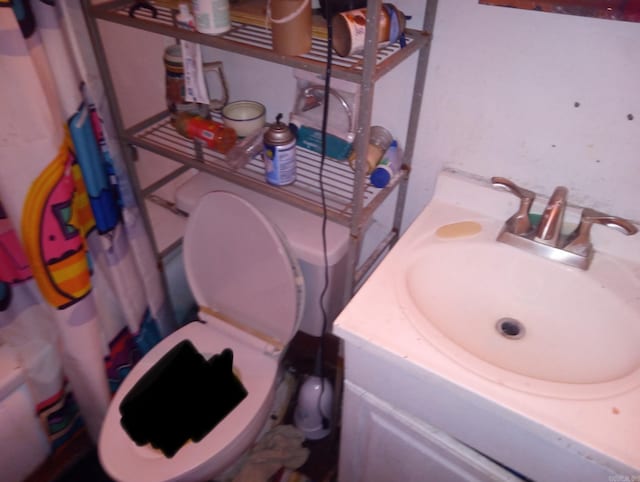 bathroom featuring toilet, a shower with shower curtain, and vanity