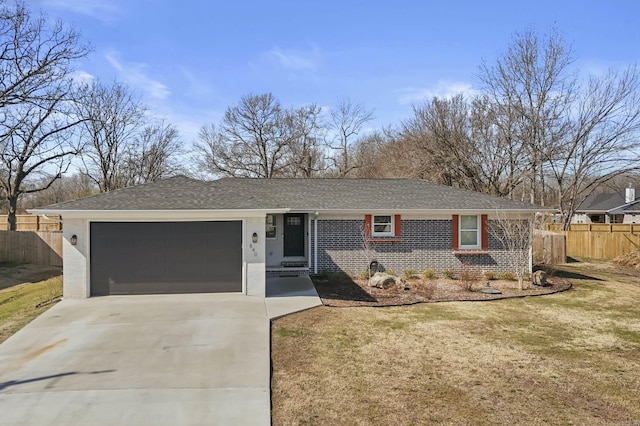 ranch-style house featuring an attached garage, brick siding, fence, driveway, and a front lawn