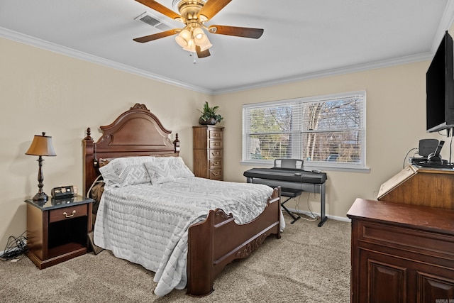 bedroom featuring light carpet, baseboards, visible vents, and crown molding