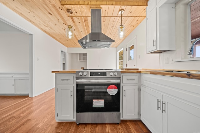 kitchen with island range hood, electric stove, wood ceiling, light wood-type flooring, and a sink