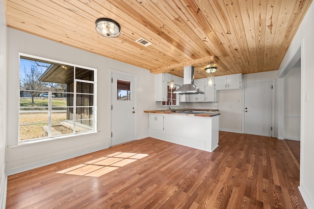 kitchen featuring dark wood finished floors, visible vents, wood ceiling, a peninsula, and exhaust hood