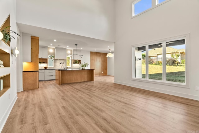 unfurnished living room with baseboards, light wood-type flooring, and a healthy amount of sunlight