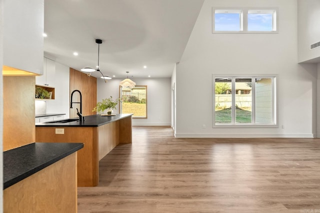 kitchen featuring dark countertops, light wood-style flooring, a sink, and a wealth of natural light