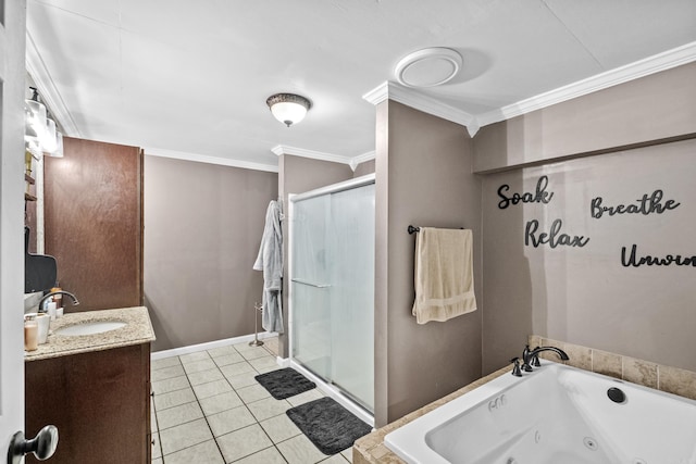 bathroom with a stall shower, tile patterned floors, a whirlpool tub, crown molding, and vanity