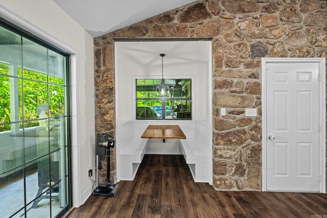 unfurnished dining area with lofted ceiling, baseboards, a wealth of natural light, and wood finished floors