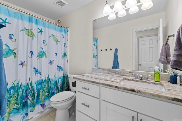 bathroom featuring visible vents, toilet, curtained shower, tile patterned flooring, and vanity