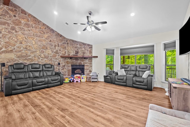 living area featuring a wealth of natural light, vaulted ceiling, a fireplace, and wood finished floors