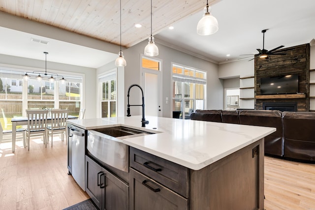 kitchen with a sink, light wood-type flooring, a fireplace, and dishwasher