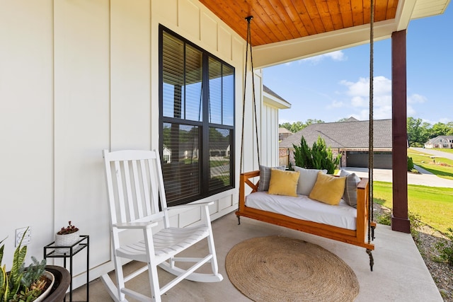 exterior space with wooden ceiling