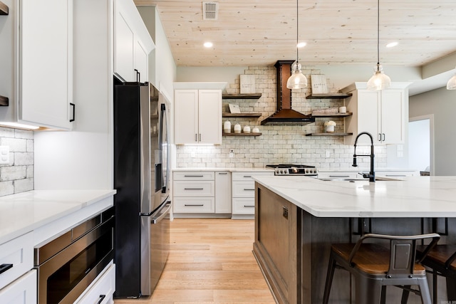 kitchen featuring light wood-style flooring, stainless steel appliances, wood ceiling, visible vents, and open shelves