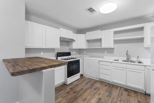 kitchen featuring visible vents, under cabinet range hood, open shelves, a sink, and gas stove