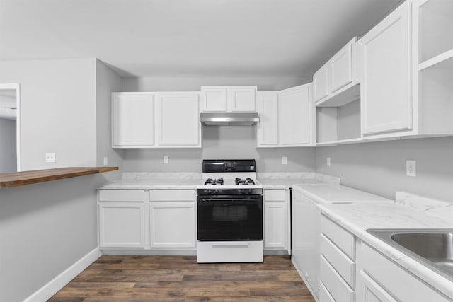 kitchen featuring under cabinet range hood, dark wood-style flooring, white cabinets, open shelves, and gas range