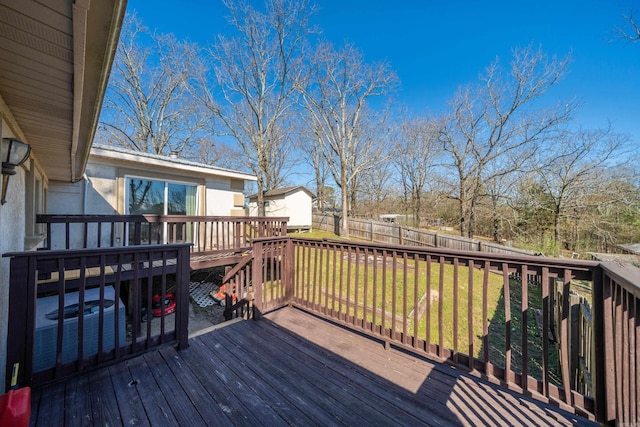 wooden deck featuring fence and a lawn