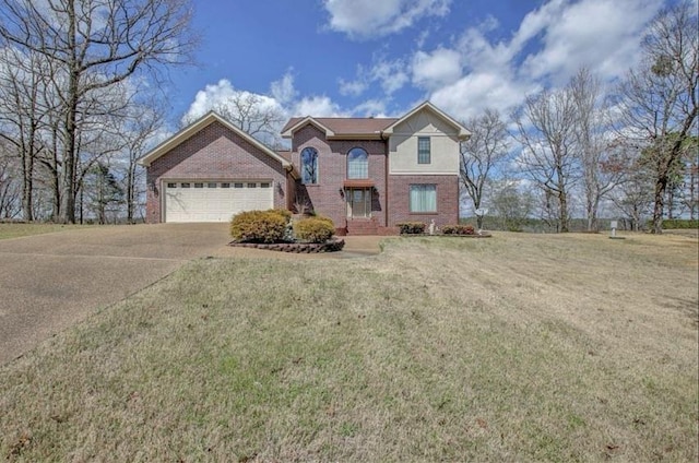 traditional-style house featuring driveway, an attached garage, a front lawn, and brick siding