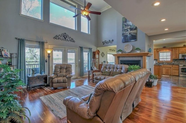 living area featuring plenty of natural light, a fireplace, and wood finished floors