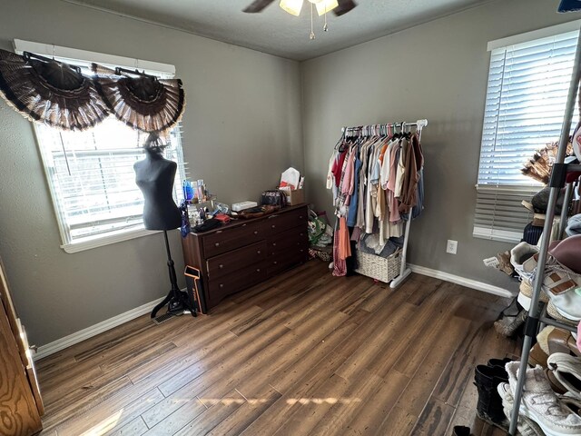 interior space featuring ceiling fan and wood finished floors