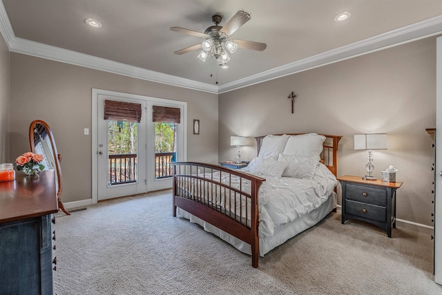 carpeted bedroom featuring access to exterior, recessed lighting, ornamental molding, and baseboards