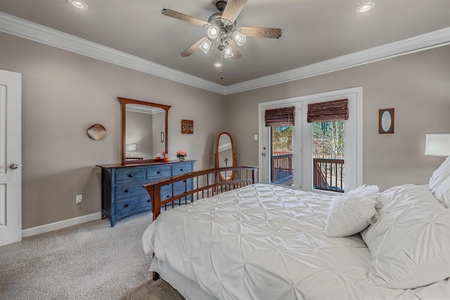 carpeted bedroom featuring access to exterior, recessed lighting, ornamental molding, ceiling fan, and baseboards