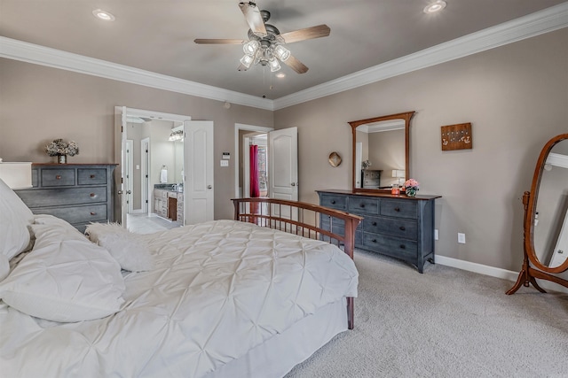 bedroom with crown molding, recessed lighting, light carpet, ceiling fan, and baseboards