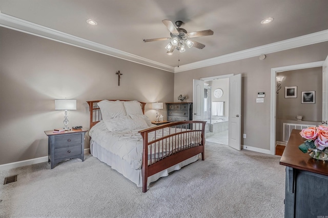 bedroom with baseboards, visible vents, crown molding, and light colored carpet