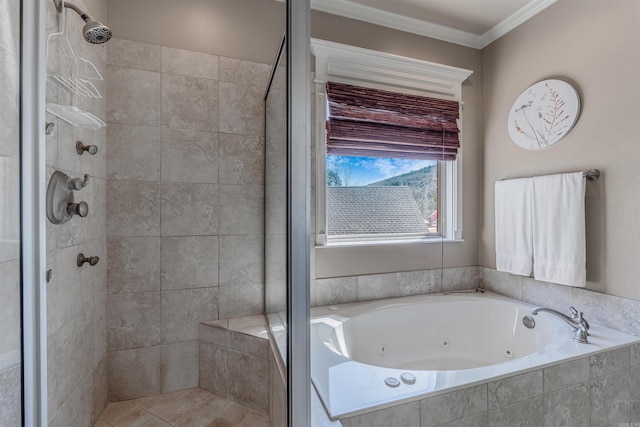 full bath featuring ornamental molding, a shower stall, and a tub with jets