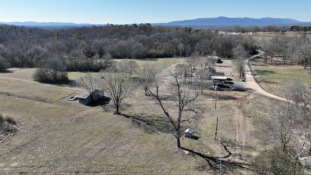 drone / aerial view featuring a rural view, a mountain view, and a view of trees