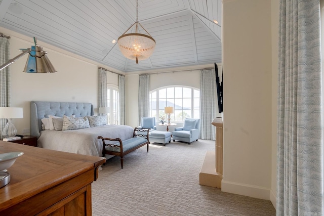 bedroom with high vaulted ceiling, light colored carpet, crown molding, and baseboards