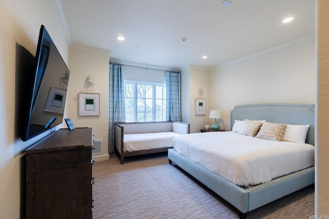 carpeted bedroom featuring baseboards, ornamental molding, visible vents, and recessed lighting