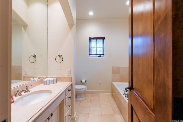 full bathroom with a garden tub, toilet, ornamental molding, vanity, and tile patterned flooring