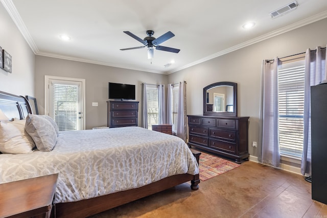 bedroom with ornamental molding, recessed lighting, visible vents, and a ceiling fan