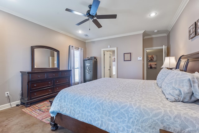 bedroom featuring recessed lighting, visible vents, ornamental molding, a ceiling fan, and baseboards