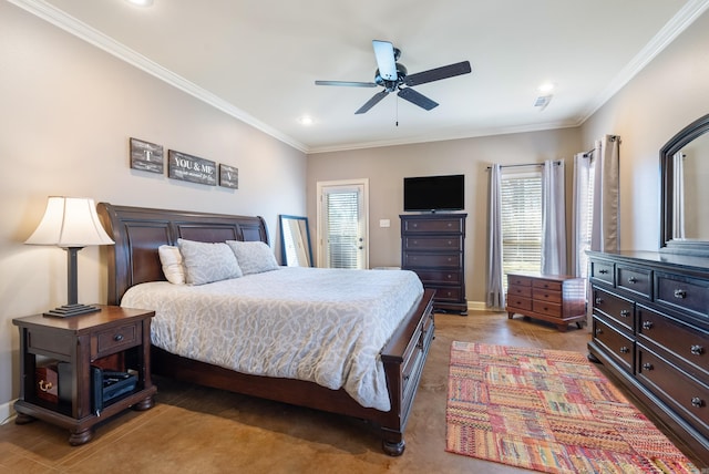 bedroom featuring ornamental molding, recessed lighting, a ceiling fan, and baseboards