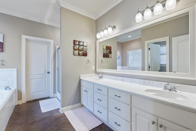 full bath with a sink, a bath, and crown molding