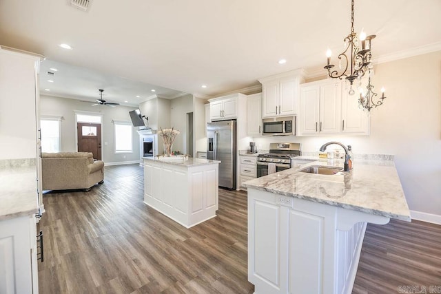 kitchen featuring stainless steel appliances, ornamental molding, open floor plan, a sink, and a peninsula