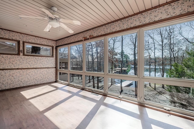 unfurnished sunroom featuring wooden ceiling, visible vents, and a ceiling fan