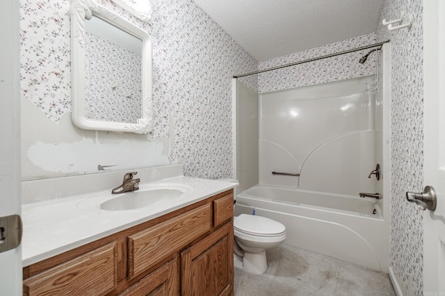 full bathroom with toilet, a textured ceiling, shower / tub combination, vanity, and wallpapered walls