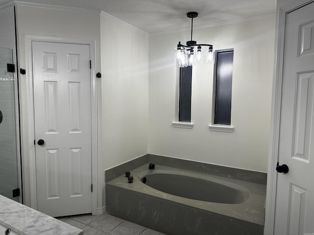 full bathroom featuring ornamental molding, tiled shower, a garden tub, and tile patterned floors