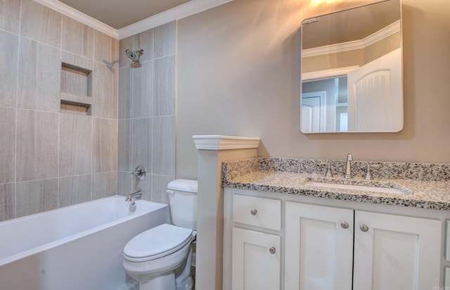 full bath featuring shower / bath combination, vanity, toilet, and crown molding