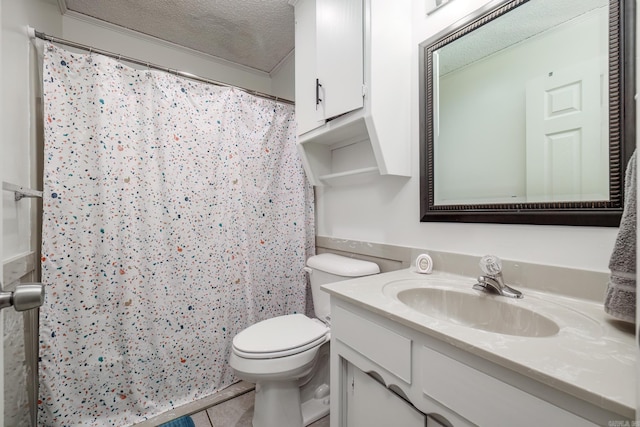 bathroom with toilet, a textured ceiling, vanity, a shower with curtain, and tile patterned floors